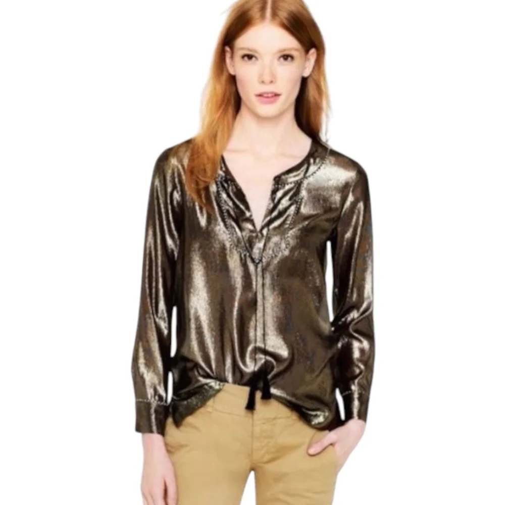 J. Crew Metallic Silk Gold Black Sheer Tie Neck Night Out Blouse Top Sz 4